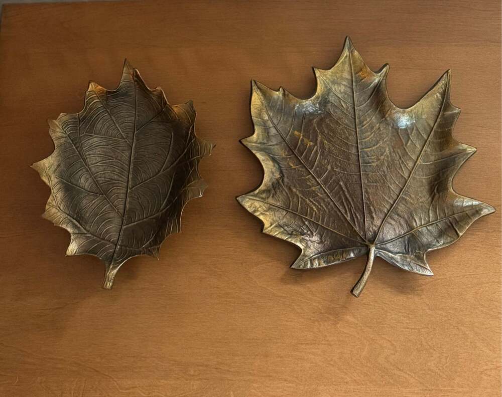 Vintage 70s MCM Cast Aluminum Gold Maple Leaf Tray & Bowl Set - Fall Decor